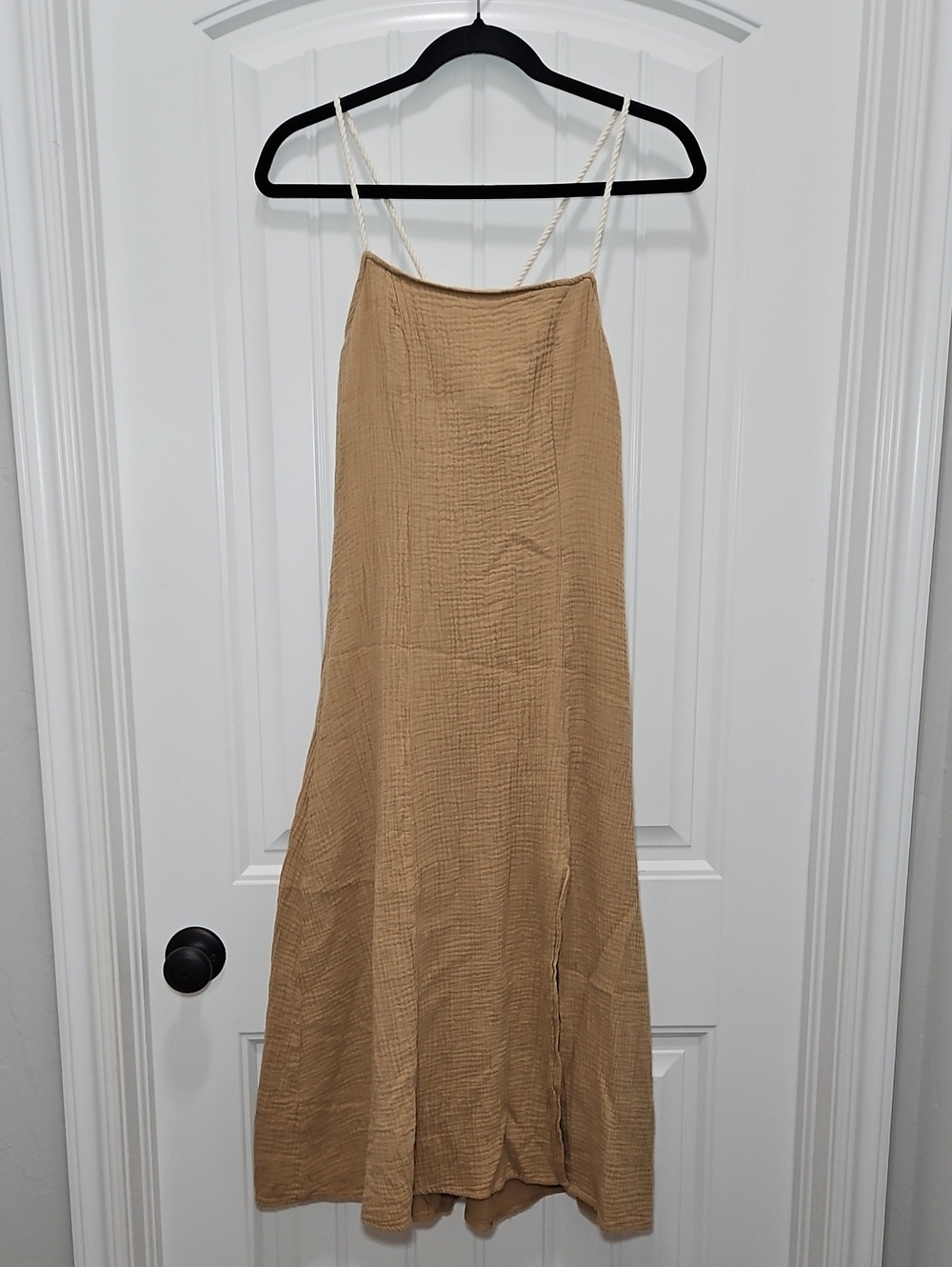 Promesa Tan Gauze Cotton Midi Slip Dress with Adjustable Rope Strap Detail Small